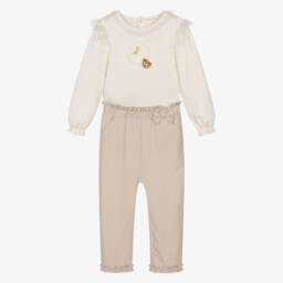 Mintini Baby-Girls Shimmery Ivory & Beige Trouser Set with Appliqué Hearts | Childrensalon Outlet