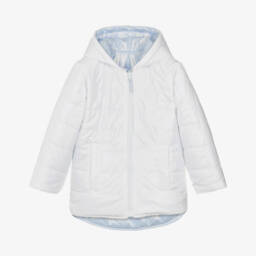 Mintini Baby-Girls White & Blue Hooded Puffer Jacket | Childrensalon Outlet