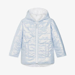 Mintini Baby-Girls White & Blue Hooded Puffer Jacket | Childrensalon Outlet