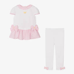 Mintini Baby-Girls White & Pink Cotton Leggings Set | Childrensalon Outlet