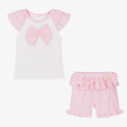 مينتيني بيبي-Girls White & Pink Cotton Shorts Set | Childrensalon Outlet