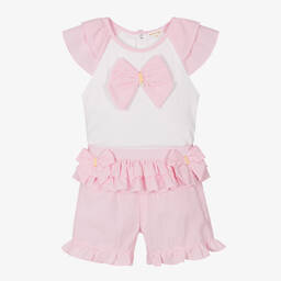 مينتيني بيبي-Girls White & Pink Cotton Shorts Set | Childrensalon Outlet