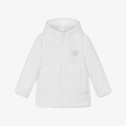 Mintini Baby-White Hooded Puffer Jacket with Logo Badge | Childrensalon Outlet