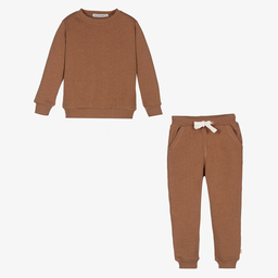 Minymo-Tan Brown Cotton Tracksuit  | Childrensalon Outlet