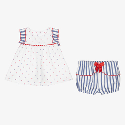 Miranda-طقم شورت وتوب قطن بوبلين لون أزرق وأبيض للمولودات | Childrensalon Outlet