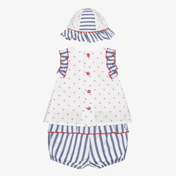 Miranda-طقم شورت وتوب قطن بوبلين لون أزرق وأبيض للمولودات | Childrensalon Outlet