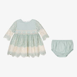 ميراندا-طقم فستان أطفال بناتي قطن ودانتيل لون أخضر | Childrensalon Outlet