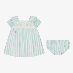 Miranda-Baby Girls Green & White Cotton Dress | Childrensalon Outlet