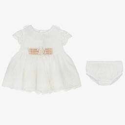 ميراندا-طقم فستان وبونيه قطن وتول مزين بدانتيل لون عاجي | Childrensalon Outlet