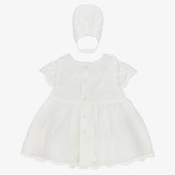 ميراندا-طقم فستان وبونيه قطن وتول مزين بدانتيل لون عاجي | Childrensalon Outlet