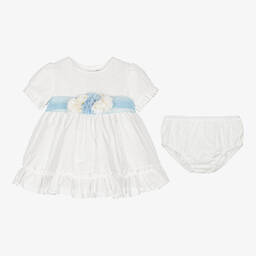 Miranda-Бело-голубое платье с цветами и чепчик | Childrensalon Outlet