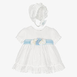 Miranda-Бело-голубое платье с цветами и чепчик | Childrensalon Outlet