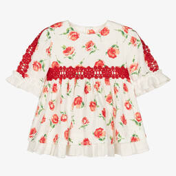 Miranda-Baby Girls White Cotton Rose Print Dress | Childrensalon Outlet