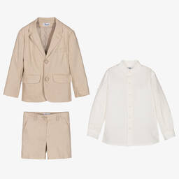 Miranda-Boys Beige Linen & Cotton Shorts Suit | Childrensalon Outlet