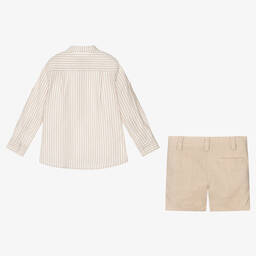 Miranda-طقم شورت مزيج قطن وكتان مقلم لون بيج للأولاد | Childrensalon Outlet
