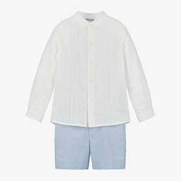 Miranda-Boys Blue Cotton & Linen Shorts Set | Childrensalon Outlet