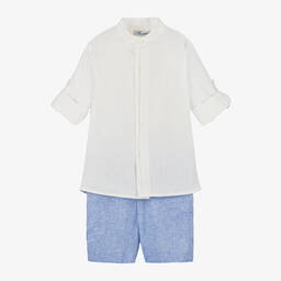 Miranda-Boys Blue Linen & Cotton Shorts Set | Childrensalon Outlet
