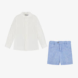 Miranda-Boys Blue Linen & Cotton Shorts Set | Childrensalon Outlet