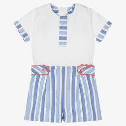 Miranda-Boys Blue Stripe Cotton Shorts Set | Childrensalon Outlet