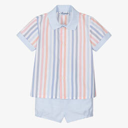 ميراندا-طقم شورت مزيج قطن مقلم لون أزرق وزهري | Childrensalon Outlet