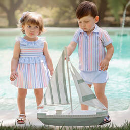 ميراندا-طقم شورت مزيج قطن مقلم لون أزرق وزهري | Childrensalon Outlet