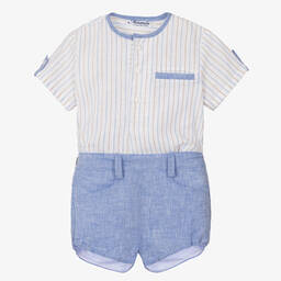ميراندا-طقم شورت أطفال ولادي قطن وكتان مقلم لون أزرق | Childrensalon Outlet