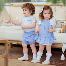 ميراندا-طقم شورت أطفال ولادي قطن وكتان مقلم لون أزرق | Childrensalon Outlet