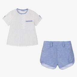 ميراندا-طقم شورت أطفال ولادي قطن وكتان مقلم لون أزرق | Childrensalon Outlet