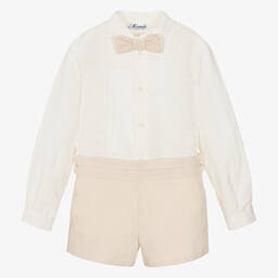Miranda-Boys Ivory & Beige Linen Shorts Set | Childrensalon Outlet