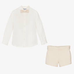 Miranda-Boys Ivory & Beige Linen Shorts Set | Childrensalon Outlet