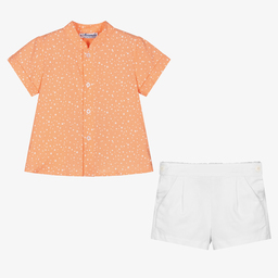 Miranda-طقم شورت قطن لون برتقالي وأبيض للأولاد | Childrensalon Outlet