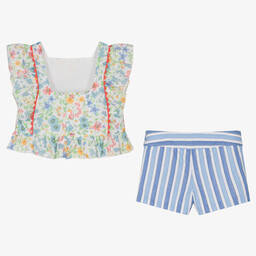 ميراندا-طقم شورت قطن لون أزرق بطبعة ورود للبنات | Childrensalon Outlet