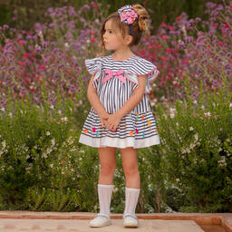 Miranda-Girls Blue & White Striped Flower Dress | Childrensalon Outlet