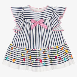 Miranda-Girls Blue & White Striped Flower Dress | Childrensalon Outlet