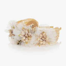 Miranda-Girls Ivory Flower & Beige Straw Hairband | Childrensalon Outlet