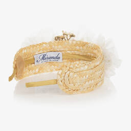Miranda-Girls Ivory Flower & Beige Straw Hairband | Childrensalon Outlet