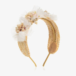 Miranda-Girls Ivory Flower & Beige Straw Hairband | Childrensalon Outlet