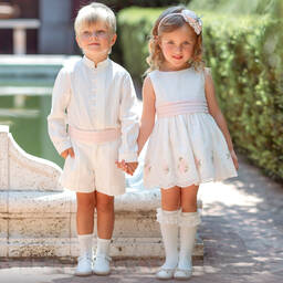 ميراندا-فستان تول مطرز لون عاجي وزهري | Childrensalon Outlet