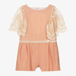 Miranda-Girls Pink Linen & Embroidered Tulle Playsuit | Childrensalon Outlet