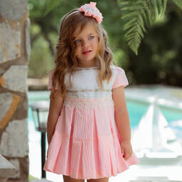 Miranda-Girls Pink & White Cotton Dress | Childrensalon Outlet