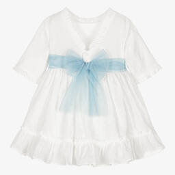 Miranda-Белое платье с голубым поясом с цветами | Childrensalon Outlet