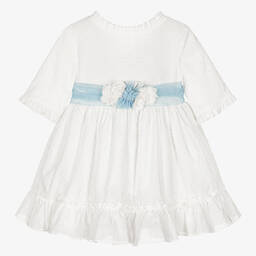 Miranda-Белое платье с голубым поясом с цветами | Childrensalon Outlet