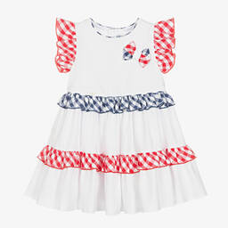 Miranda-Белое хлопковое платье с деталями в клетку | Childrensalon Outlet