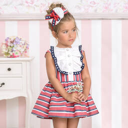 ميراندا-فستان قطن وكتان لون أحمر وأبيض وأزرق مخطط | Childrensalon Outlet