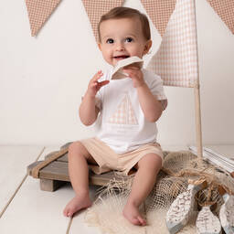 ميتش آند سون-طقم شورت قطن جيرسي لون بيج وأبيض للمواليد | Childrensalon Outlet