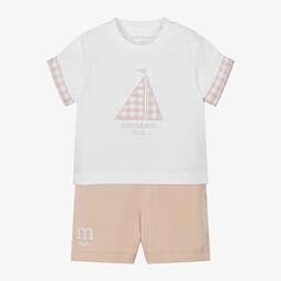 ميتش آند سون-طقم شورت قطن جيرسي لون بيج وأبيض للمواليد | Childrensalon Outlet