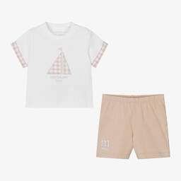 ميتش آند سون-طقم شورت قطن جيرسي لون بيج وأبيض للمواليد | Childrensalon Outlet