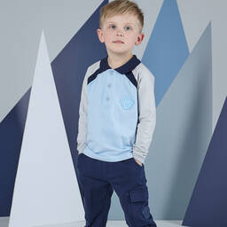 Mitch & Son-Boys Blue & Grey Colourblock Polo Top | Childrensalon Outlet