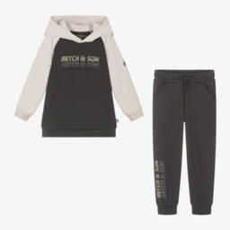 ميتش آند سون-بدلة رياضية هودي لون رمادي داكن للأولاد | Childrensalon Outlet