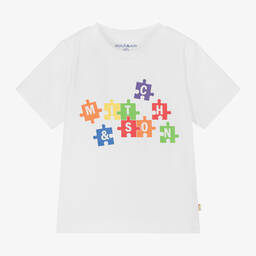 Mitch & Son-Boys White Puzzle Print Cotton T-Shirt | Childrensalon Outlet